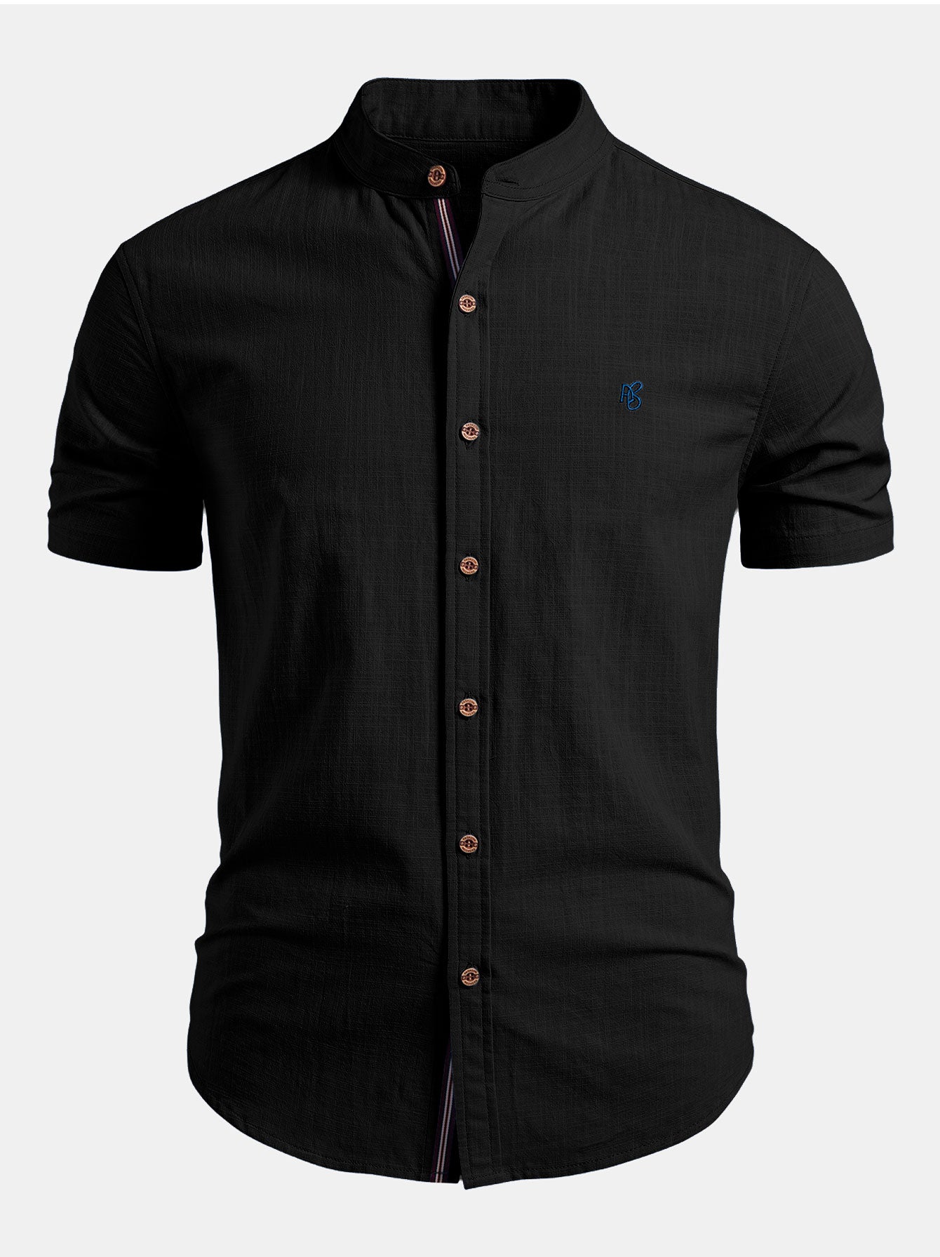 Short Sleeve Linen Look Stand Collar Shirt & Slim Fit Tapered Trousers
