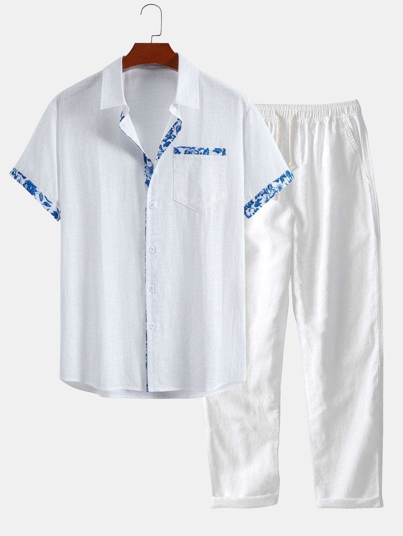 Contrast Floral Print Linen Look Shirt & Straight Leg Linen Pants