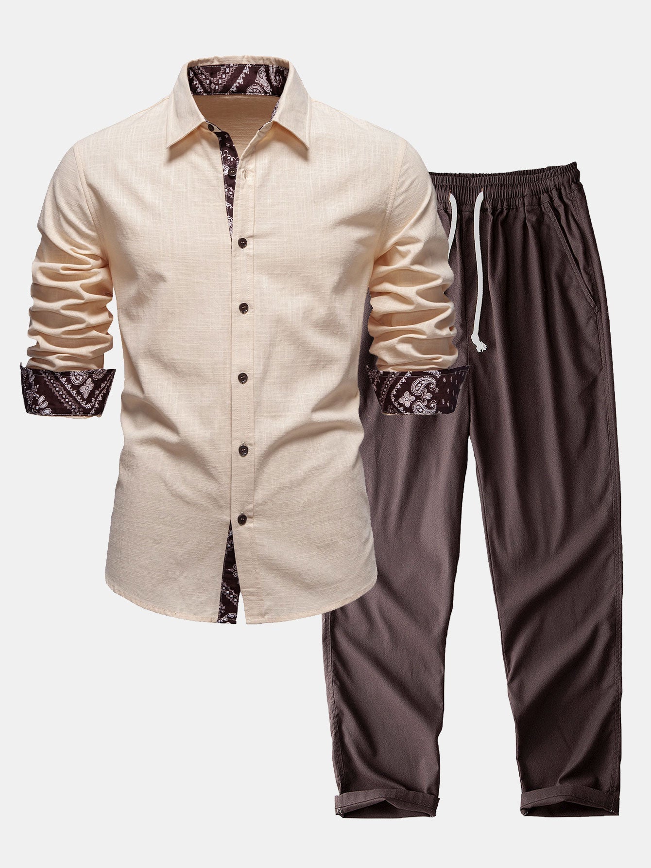 Contrast Paisley Print Linen Look Shirt & Straight Leg Linen Pants