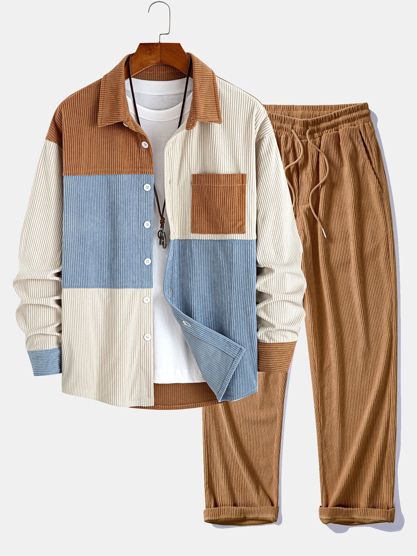 Relax Fit Color Block Corduroy Button Up Shirt & Straight Leg Corduroy Pants