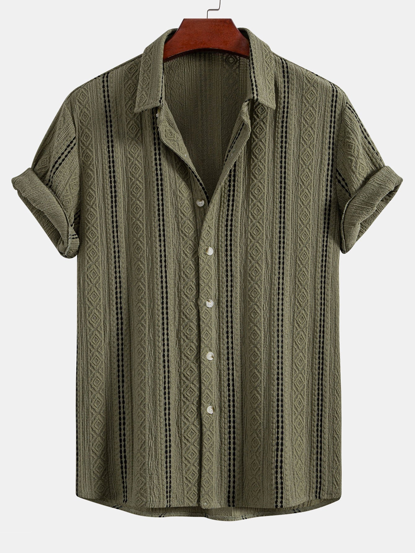 Geometric Striped Jacquard Button Up Shirt & Crinkle Textured Drawstring 5" Shorts