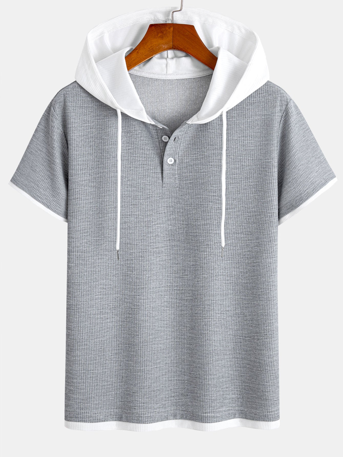 Contrast Button-Placket Waffle Hooded T-Shirt & 2 In 1 Waffle 7″‌ Shorts