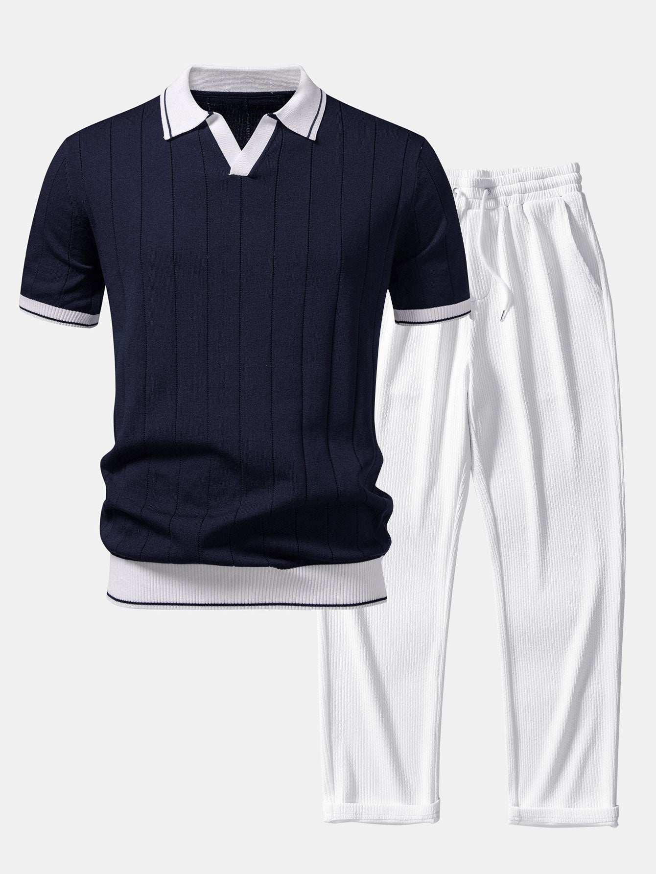 Contrast Trim Ribbed Johnny Collar Knit Polo & Straight Leg Ribbed Pants