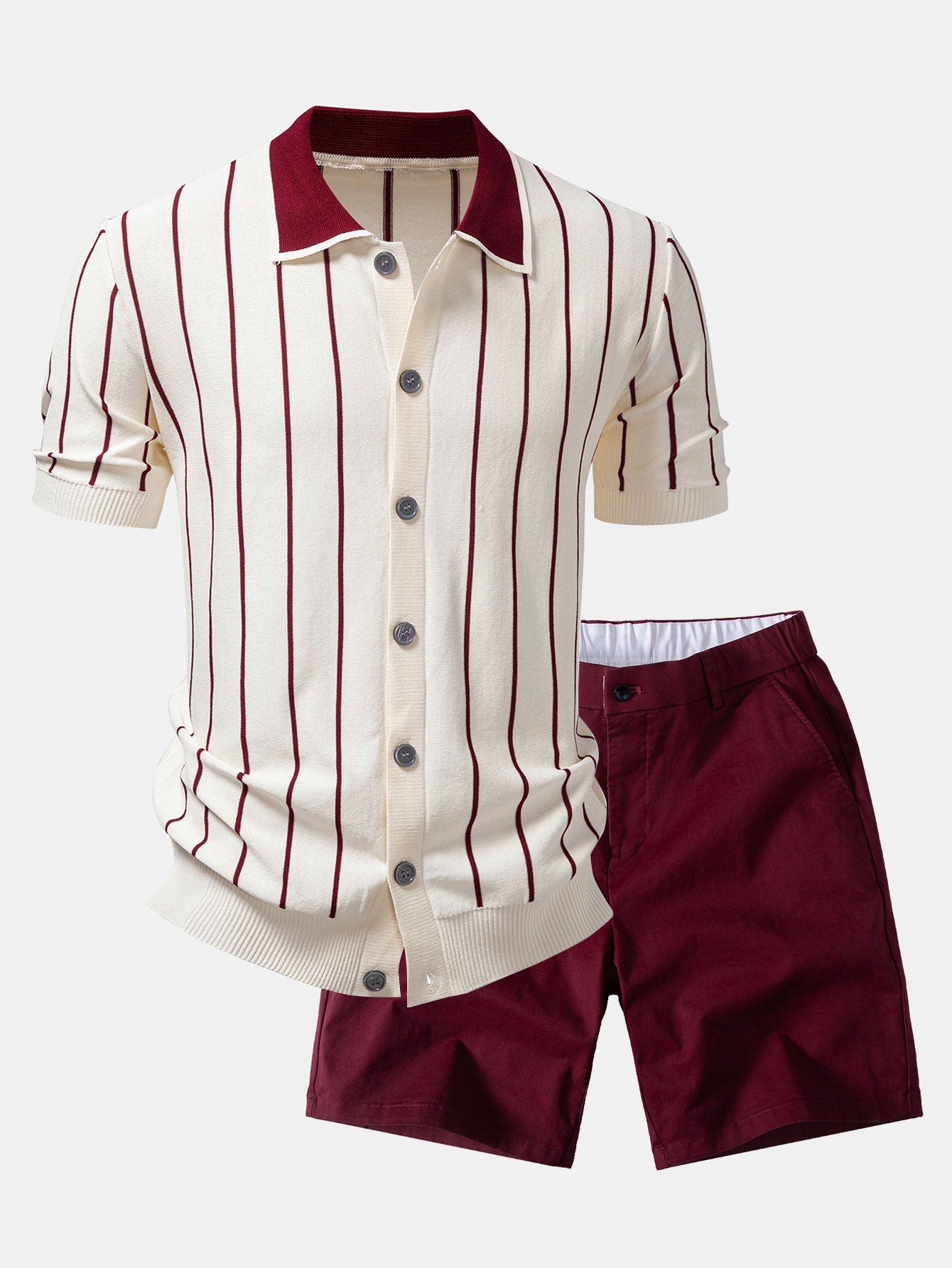 Stripe Button Up Knit Shirt & Elastic Waist Chino Shorts