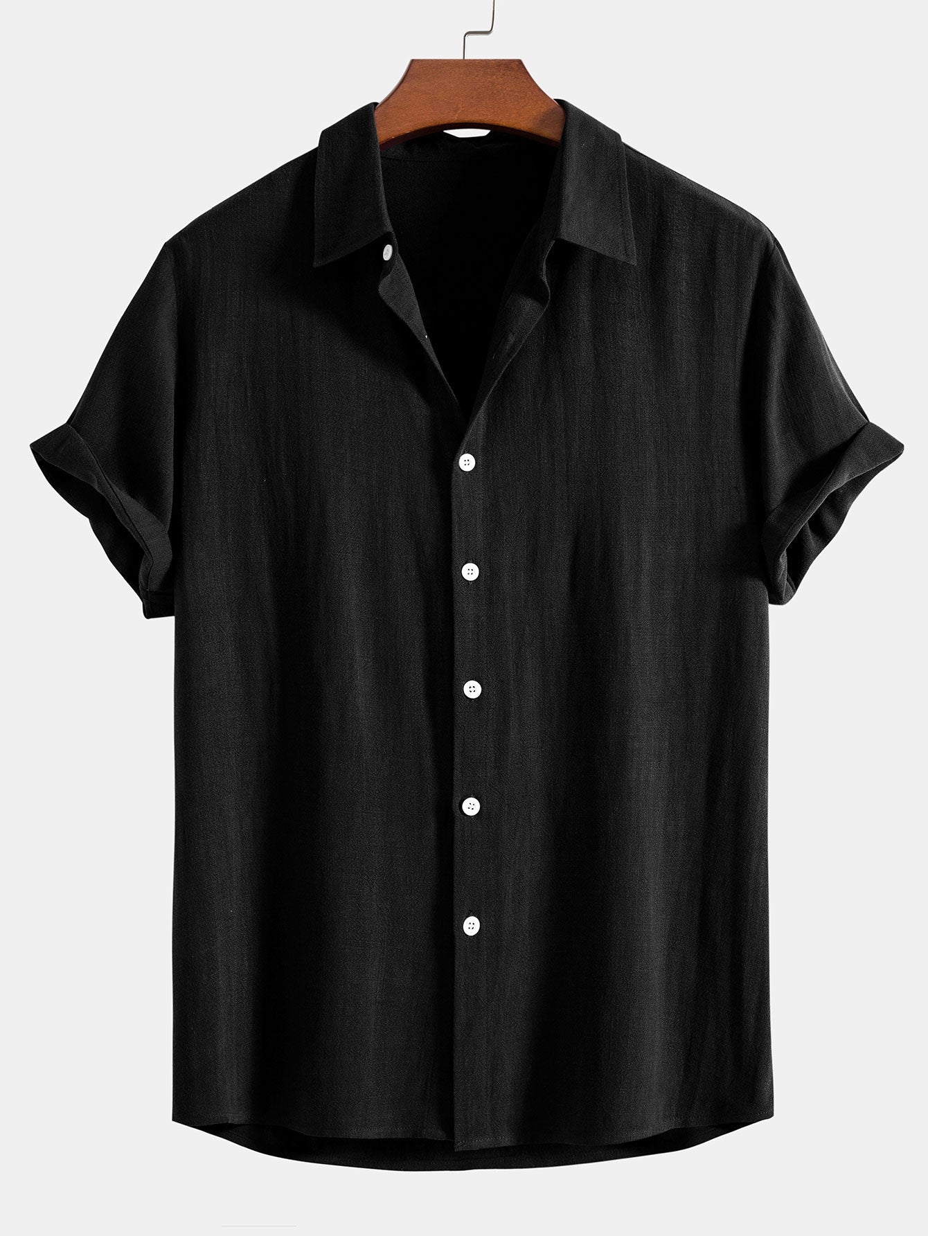 Linen Rayon Blend Button Up Shirt & Crinkle Textured Drawstring 5" Shorts