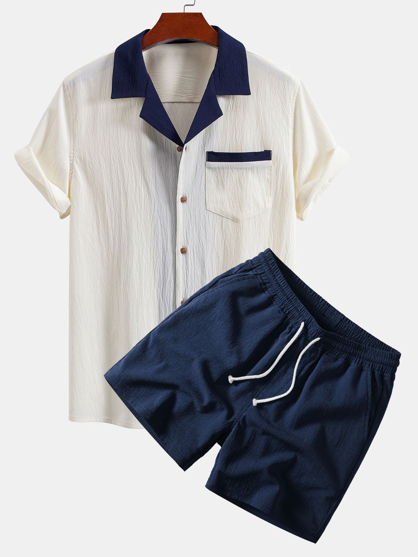Crinkle Textured Contrast Cuban Shirt & Drawstring 5" Shorts