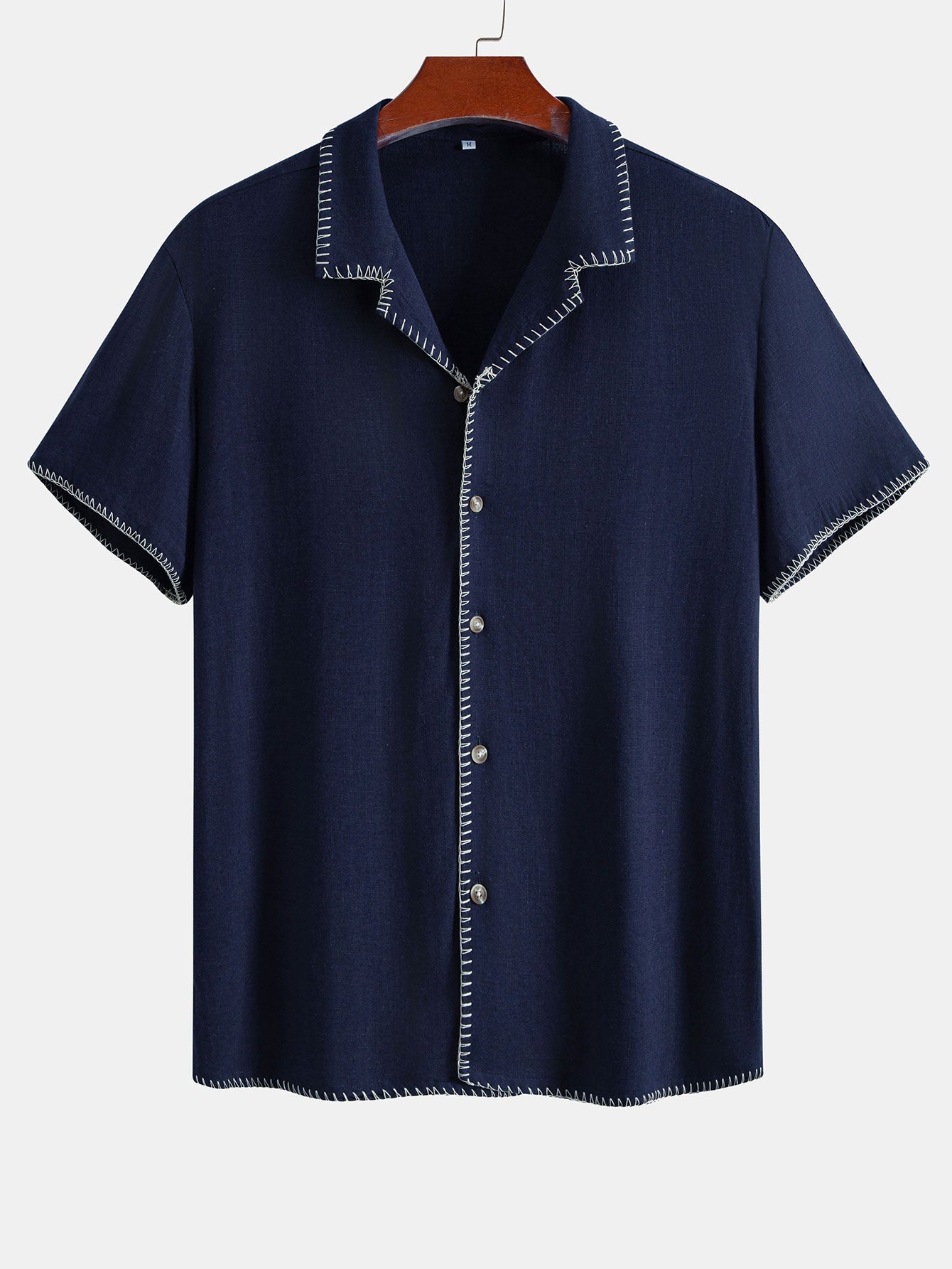 Contrast Stitching Linen Rayon Blend Cuban Shirt & Crinkle Textured Straight Leg Pants