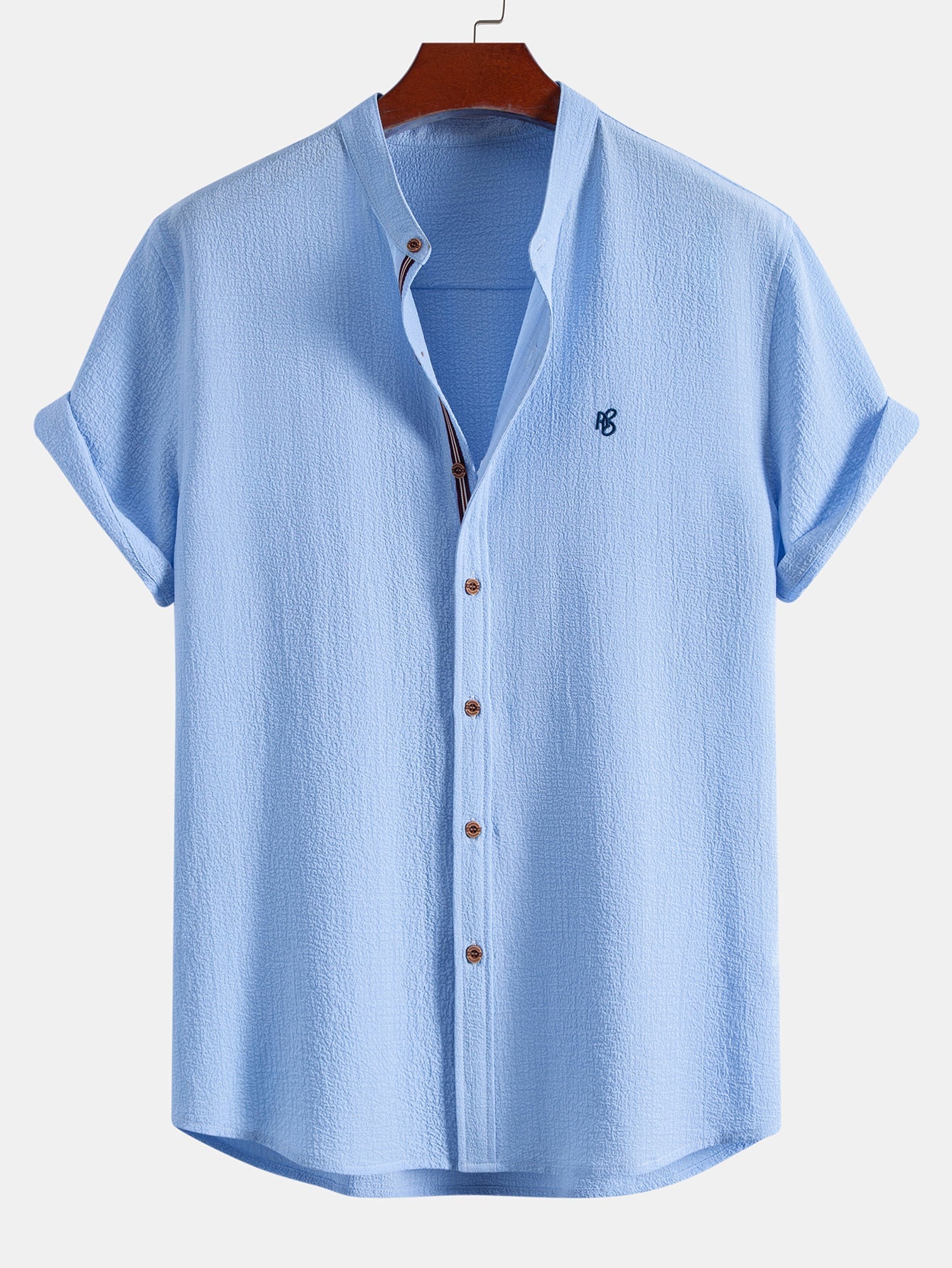 Short Sleeve Seersucker Stand Collar Shirt & Crinkle Textured Straight Leg Pants