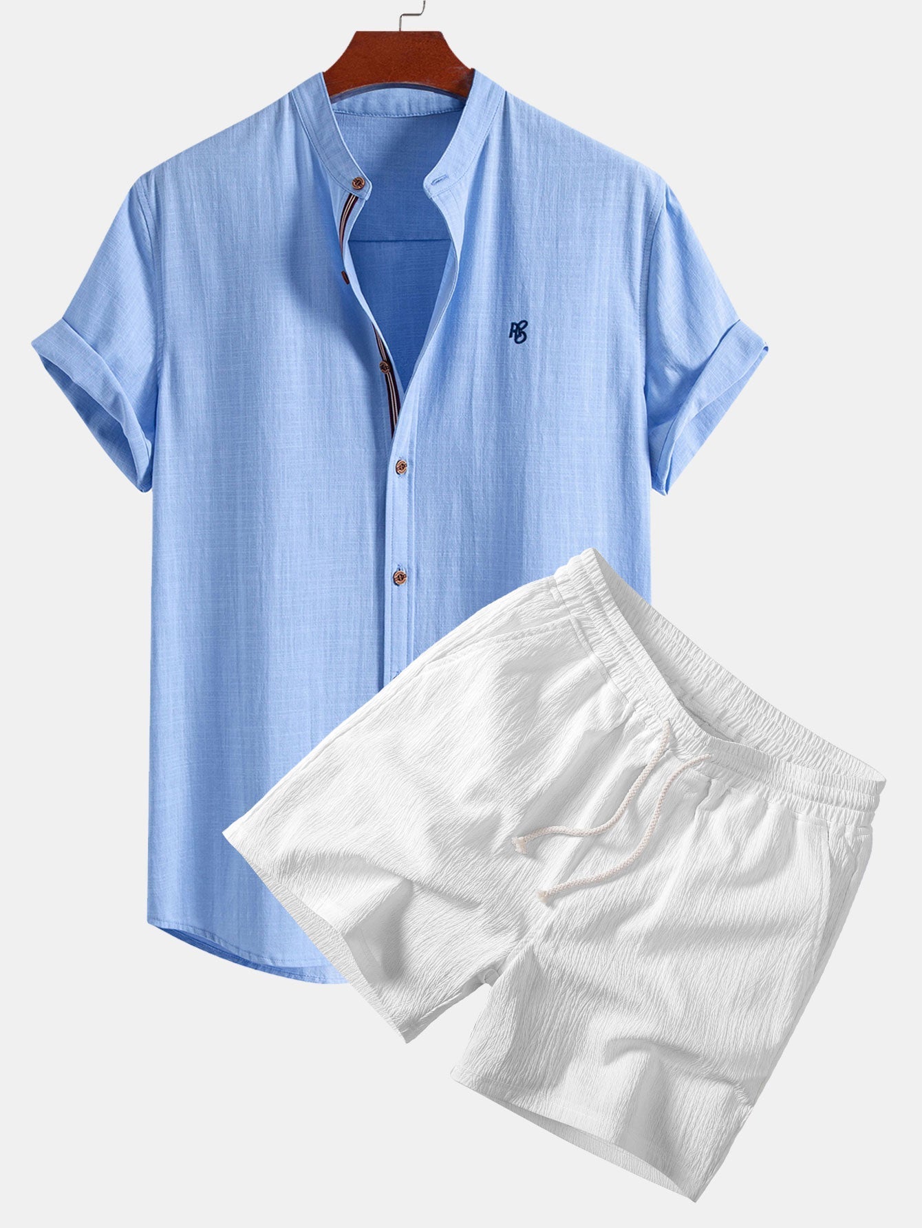 Short Sleeve Linen Look Stand Collar Shirt & Crinkle Textured Drawstring 5" Shorts