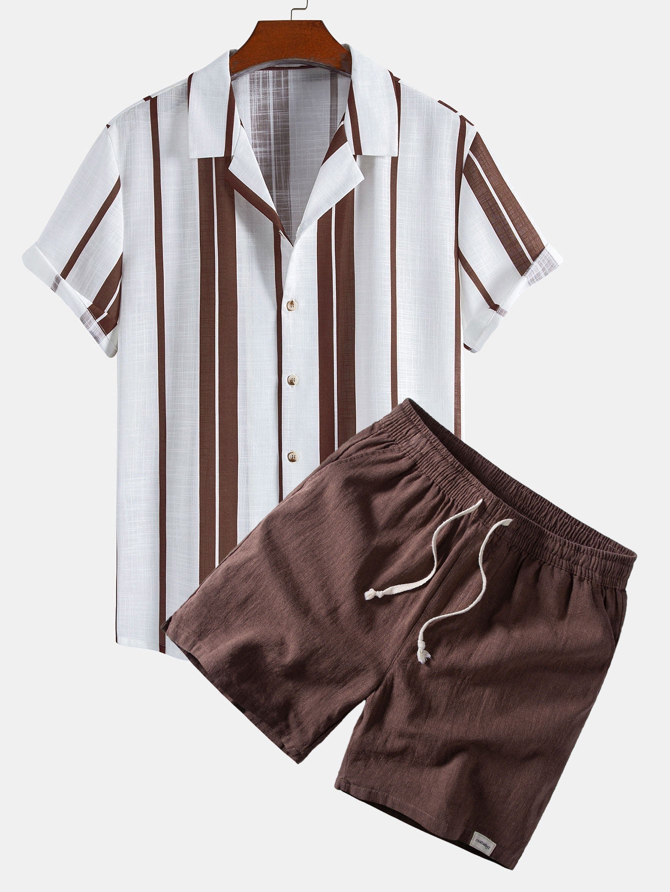 Linen Look Stripe Cuban Shirt & Linen Blend Drawstring 7" Shorts