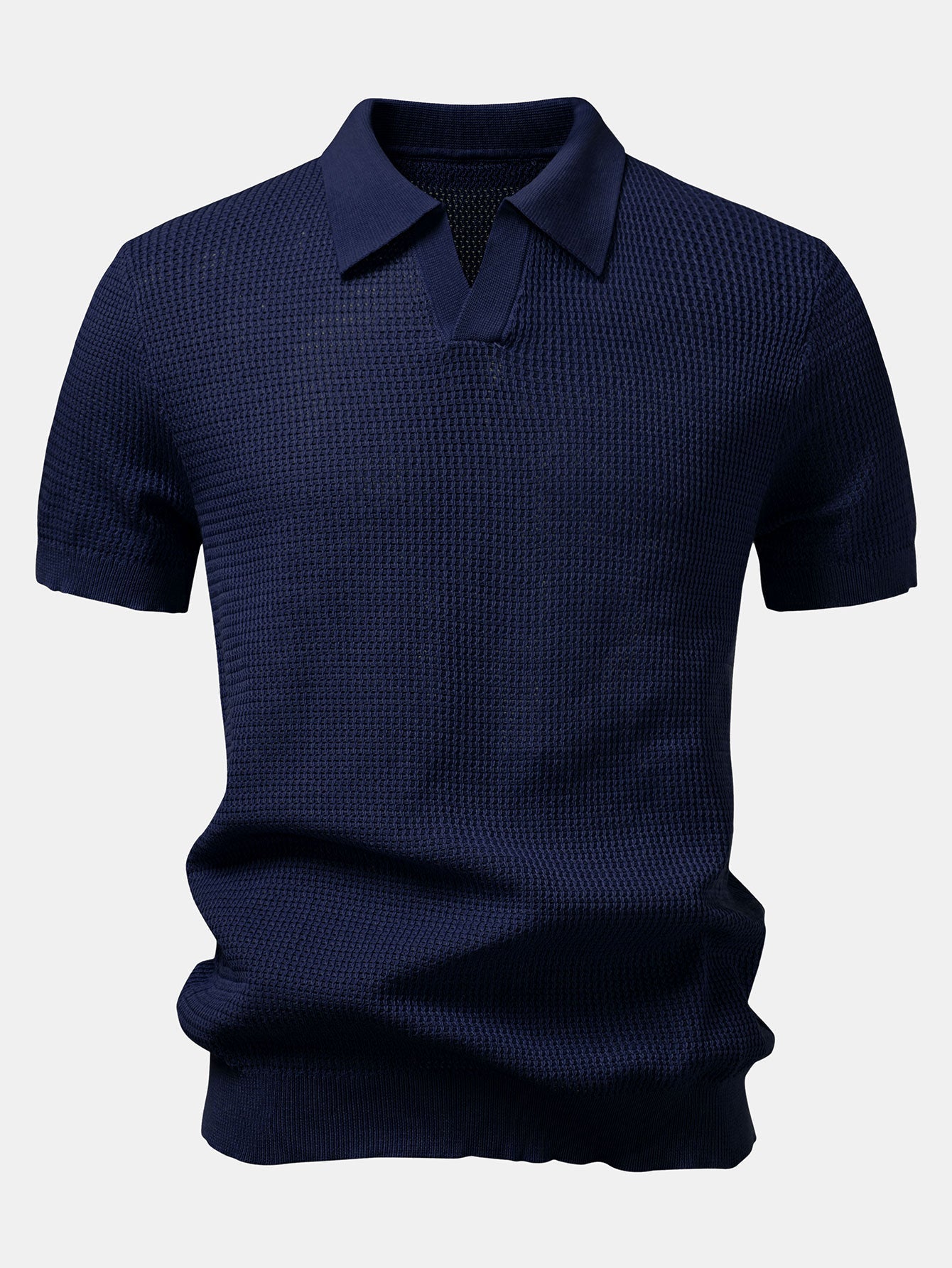 Textured Johnny Collar Crocheted Knit Polo & Crinkle Textured Straight Leg Pants