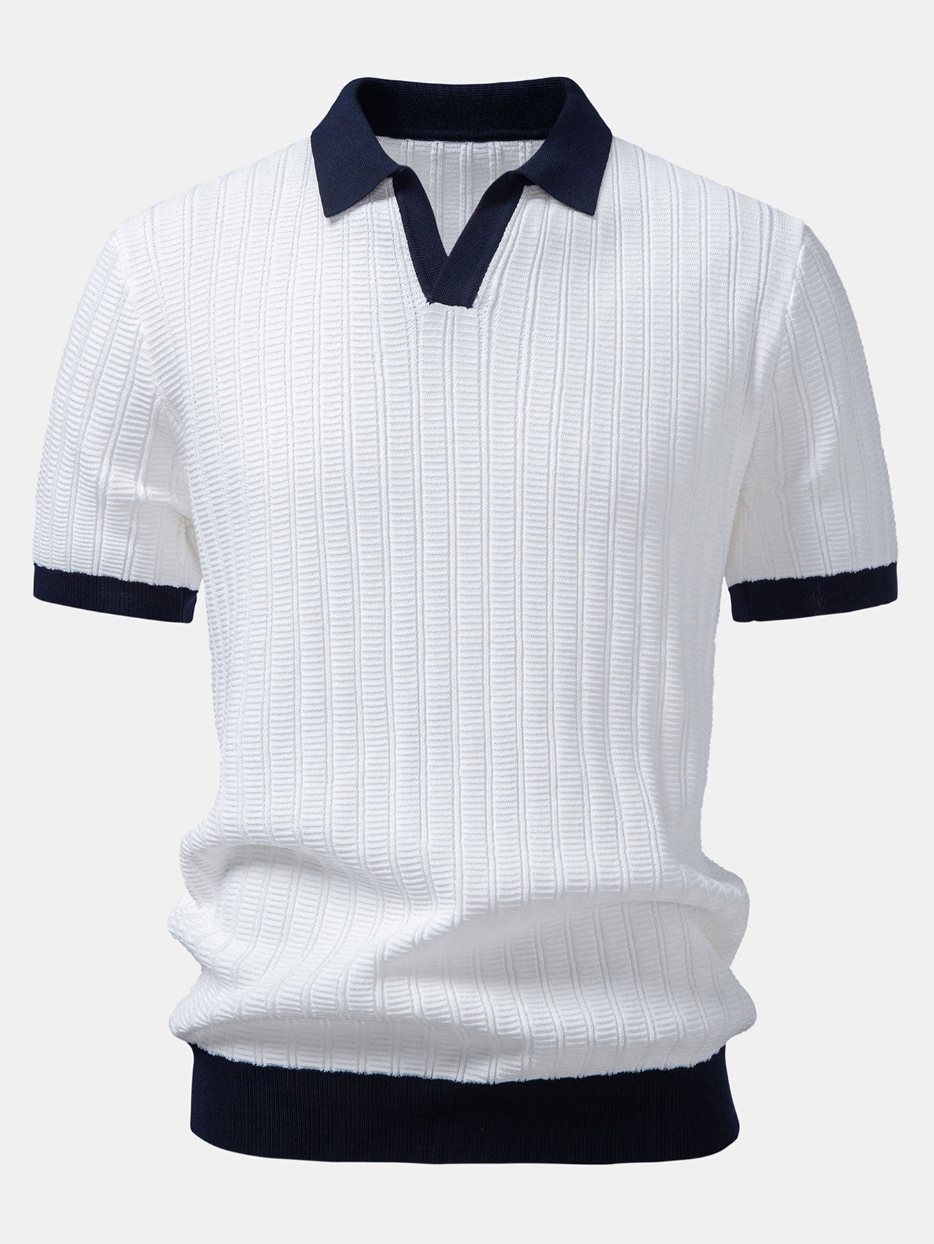Contrast Textured Johnny Collar Knit Polo & Drawstring Knitted Waffle Pants