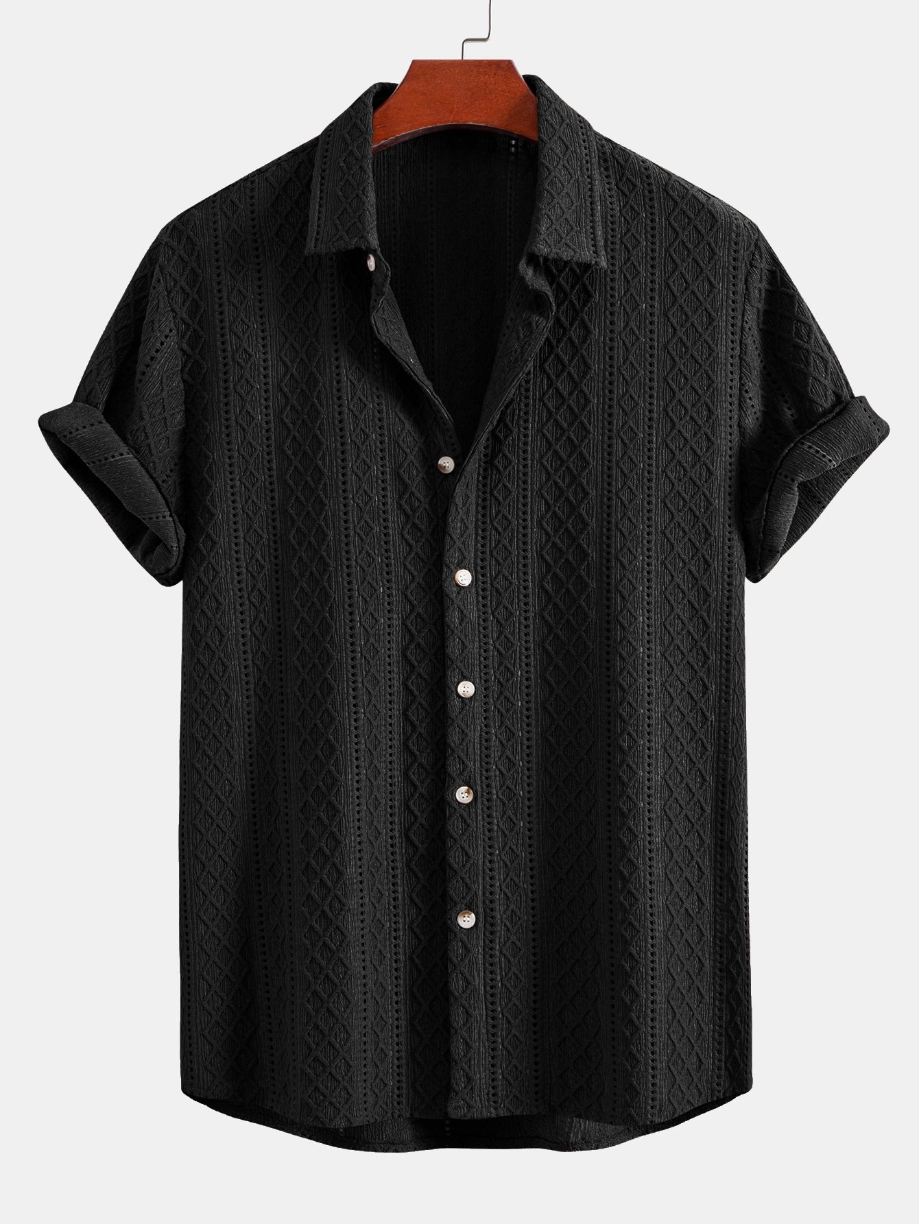 Geometry Rhombus Jacquard Button Up Shirt & Crinkle Textured Drawstring 5" Shorts