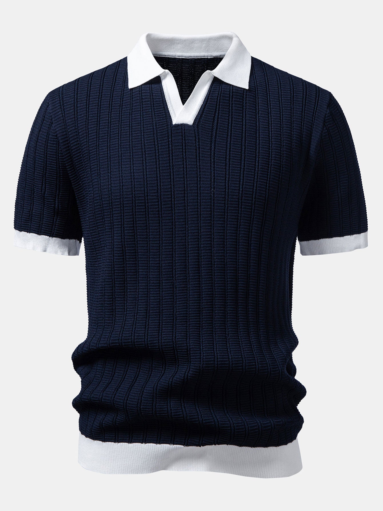 Contrast Textured Johnny Collar Knit Polo & Slim Fit Tapered Trousers