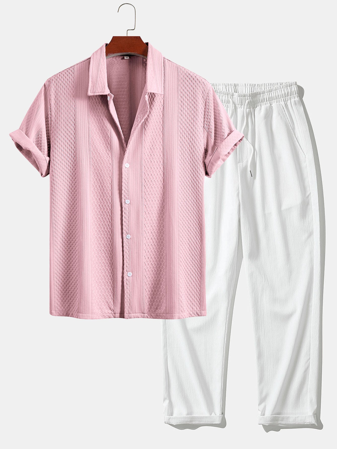 Geometric Jacquard Button Up Shirt & Crinkle Textured Straight Leg Pants