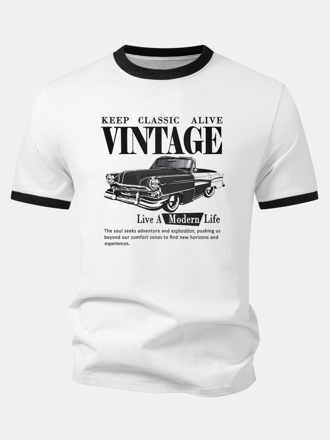 Vintage Car Print Contrast Ringer T-Shirt & 5" Drawstring  Corduroy Shorts