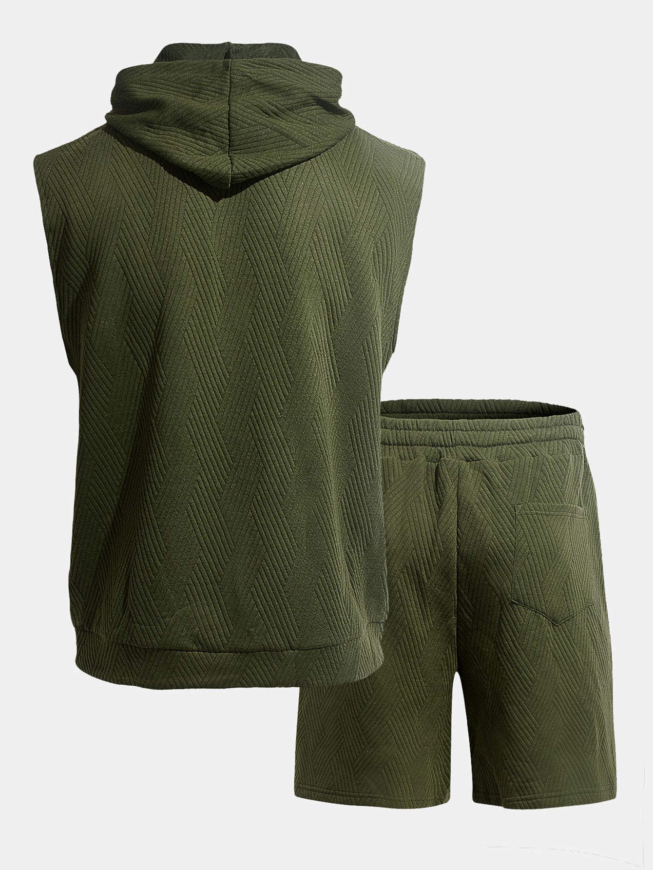 Stripe Textured Sleeveless Hooded T-Shirt & Drawstring Shorts Set