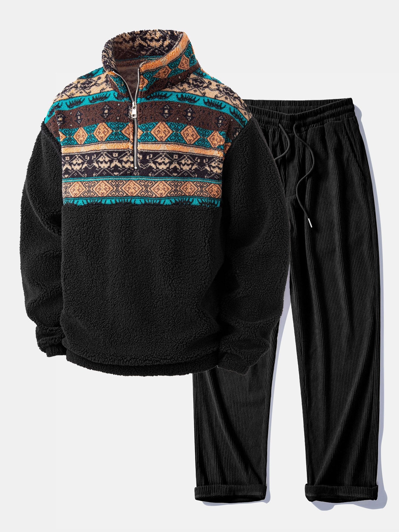 Relax Fit Quarter Zip Ethnic Geometric Patchwork Teddy Sweatshirt & Straight Leg Corduroy Pants