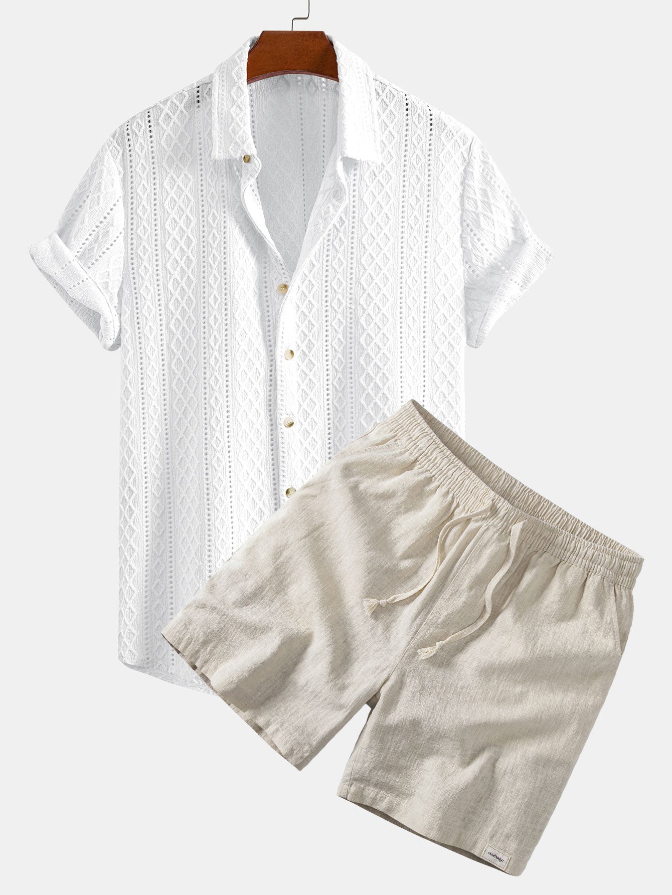Geometry Rhombus Jacquard Button Up Shirt & Linen Blend Drawstring 7" Shorts