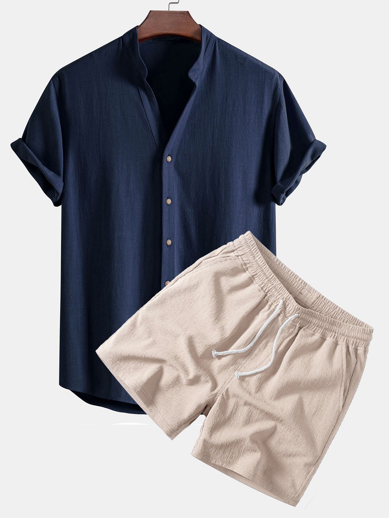 Short Sleeve V Neck Linen Rayon Blend Shirt & Crinkle Textured Drawstring 5" Shorts