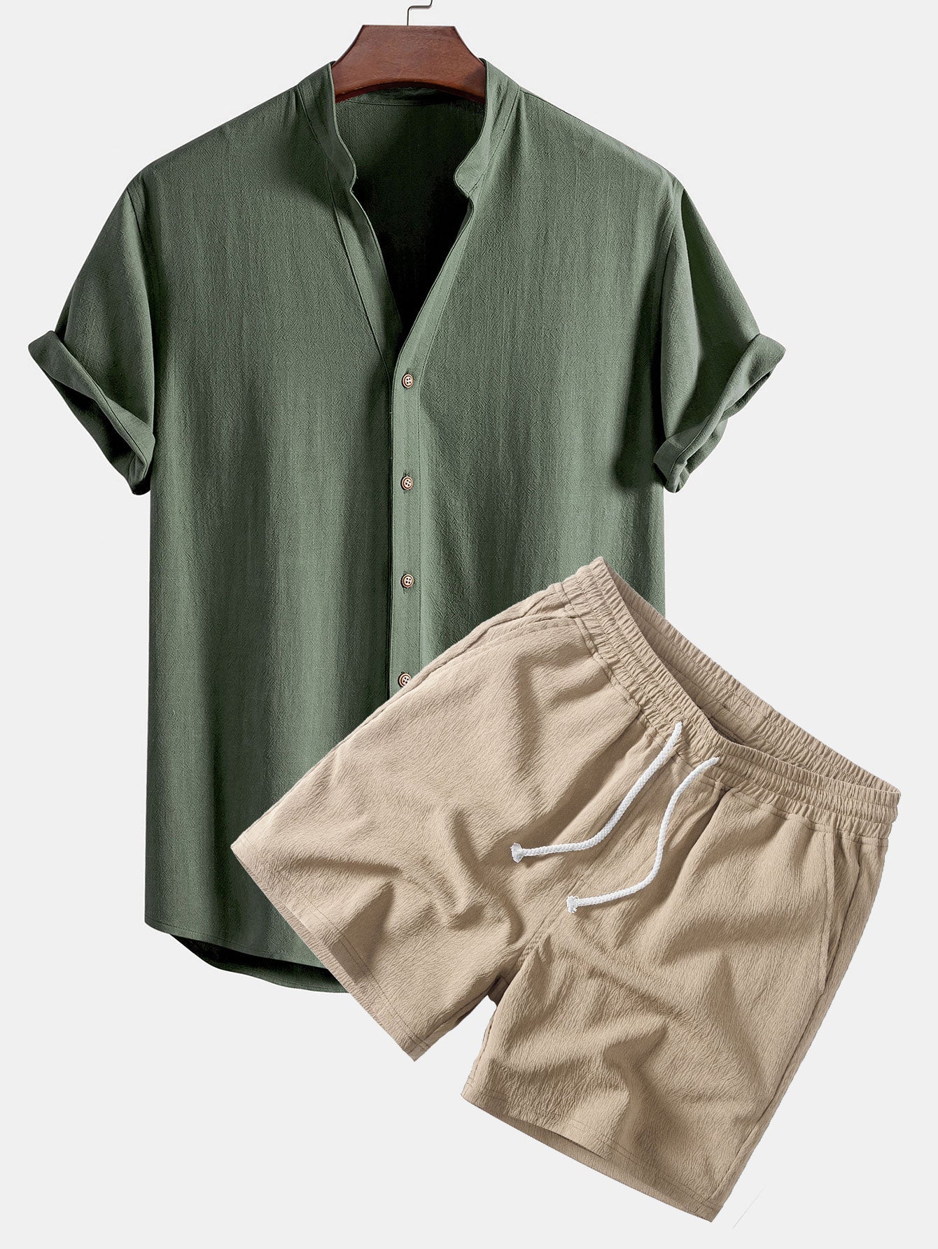 Short Sleeve V Neck Linen Rayon Blend Shirt & Crinkle Textured Drawstring 5" Shorts