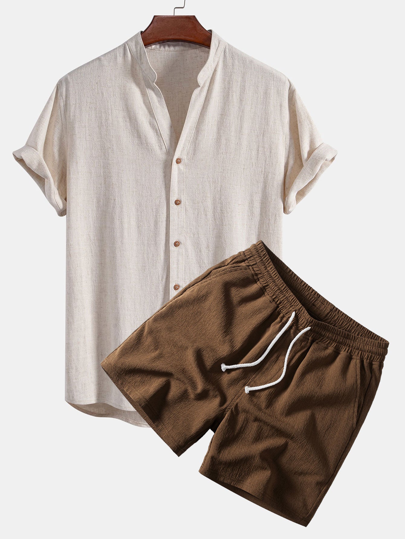 Short Sleeve V Neck Linen Rayon Blend Shirt & Crinkle Textured Drawstring 5" Shorts