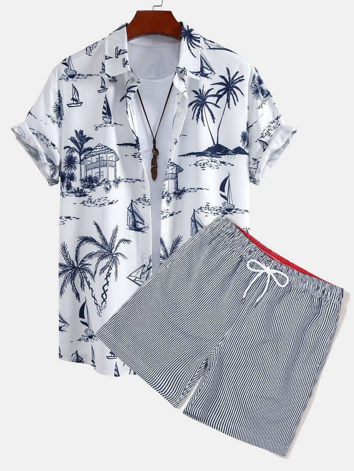 Ilha Sailing Print Button Up Shirt & Vertical Striped String Swims