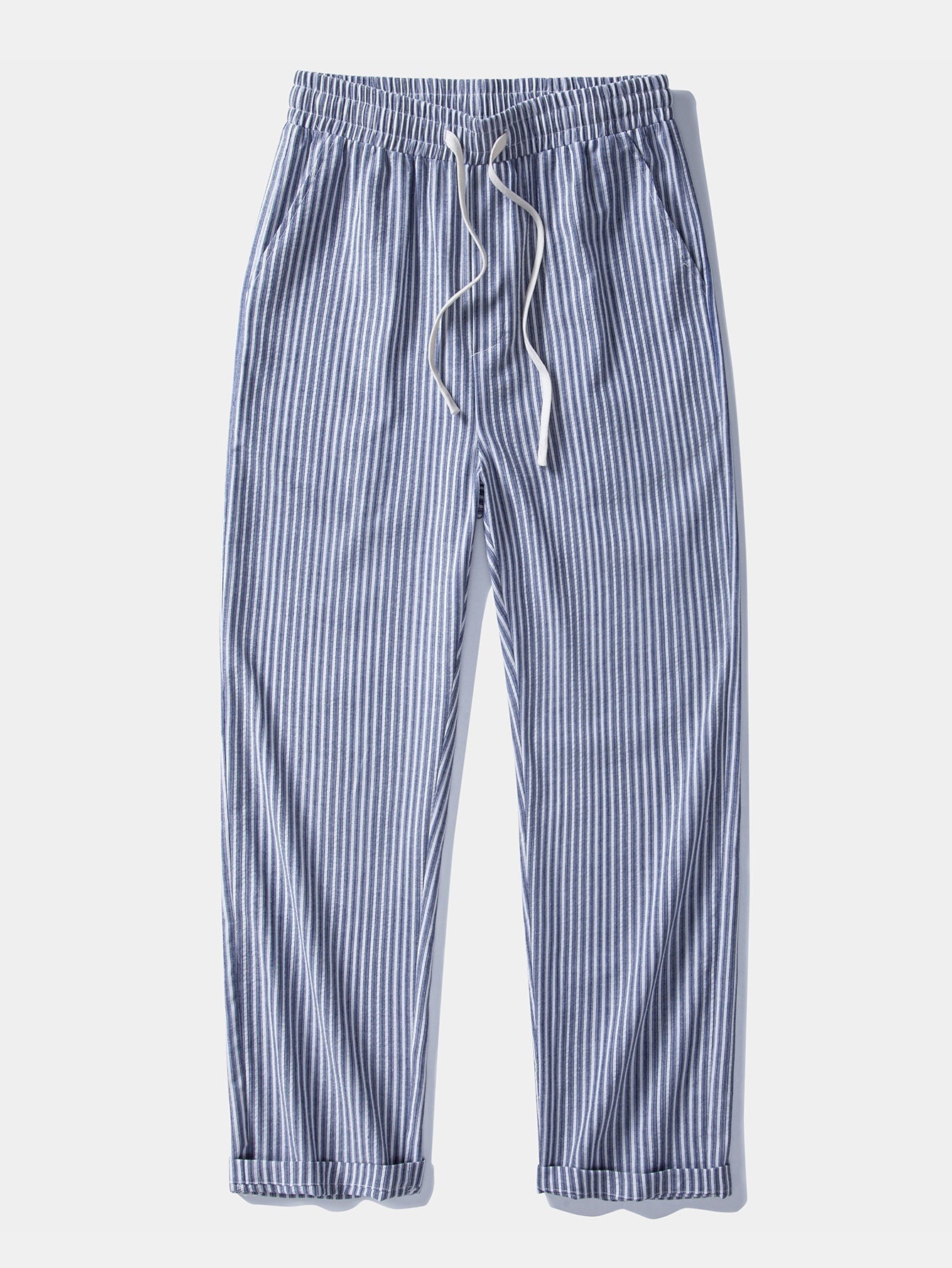 Geometry Rhombus Jacquard Button Up Shirt & Linen Look Stripe Straight Leg Pants