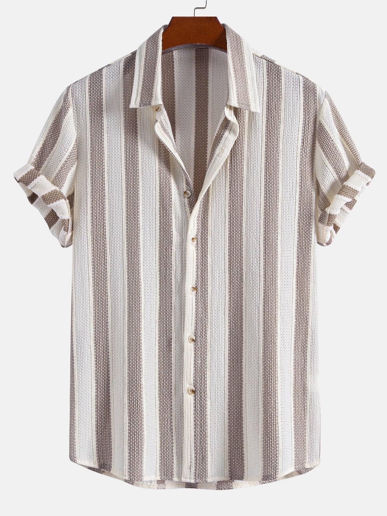 Textured Striped Button Up Shirt & Crinkle Textured Drawstring 5" Shorts
