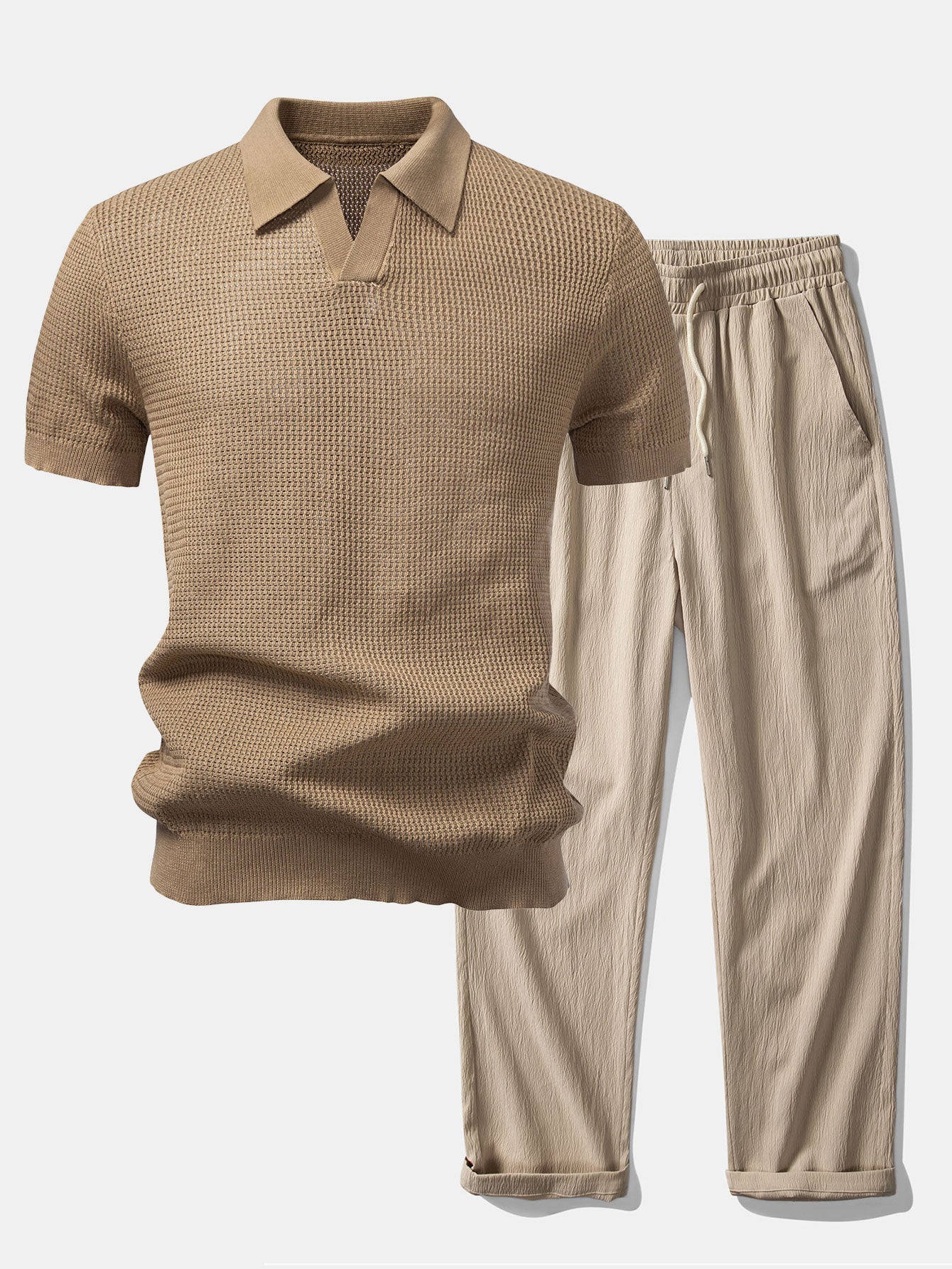 Textured Johnny Collar Crocheted Knit Polo & Crinkle Textured Straight Leg Pants