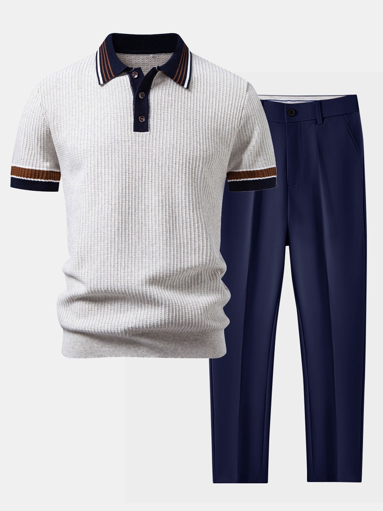 Contrast Stripe Trim Waffle Knit Polo & Slim Fit Tapered Trousers