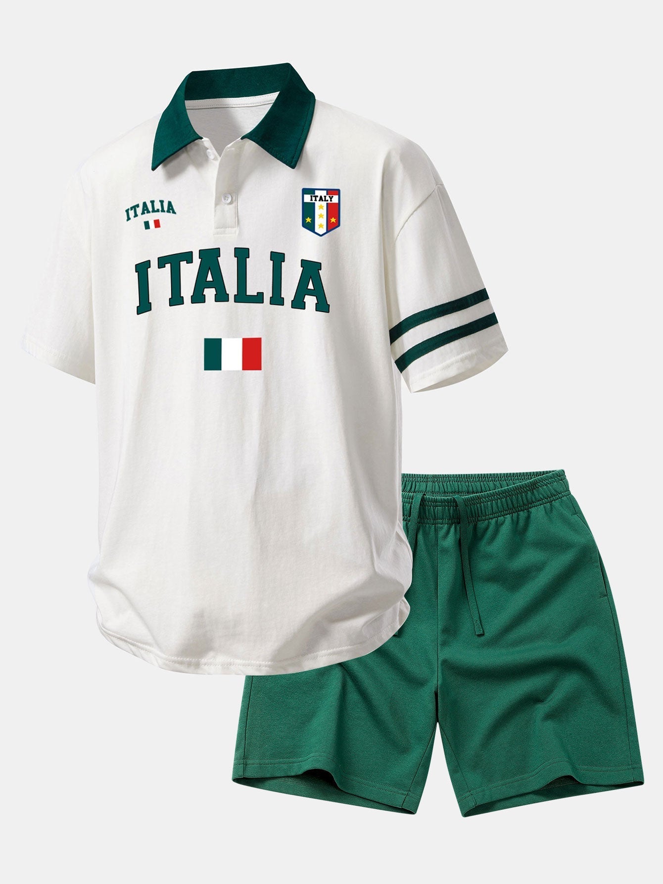 Relax Fit Italia Print Contrast Collar Polo Shirt & Cotton Drawstring 7" Shorts