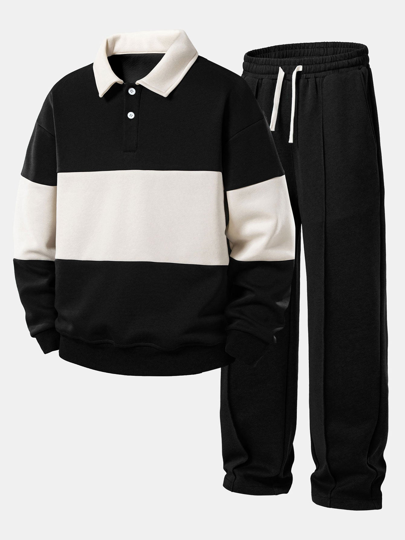 Relax Fit Color Block Polo Collar Sweatshirt & Straight Leg Pleated Pintuck Sweatpants