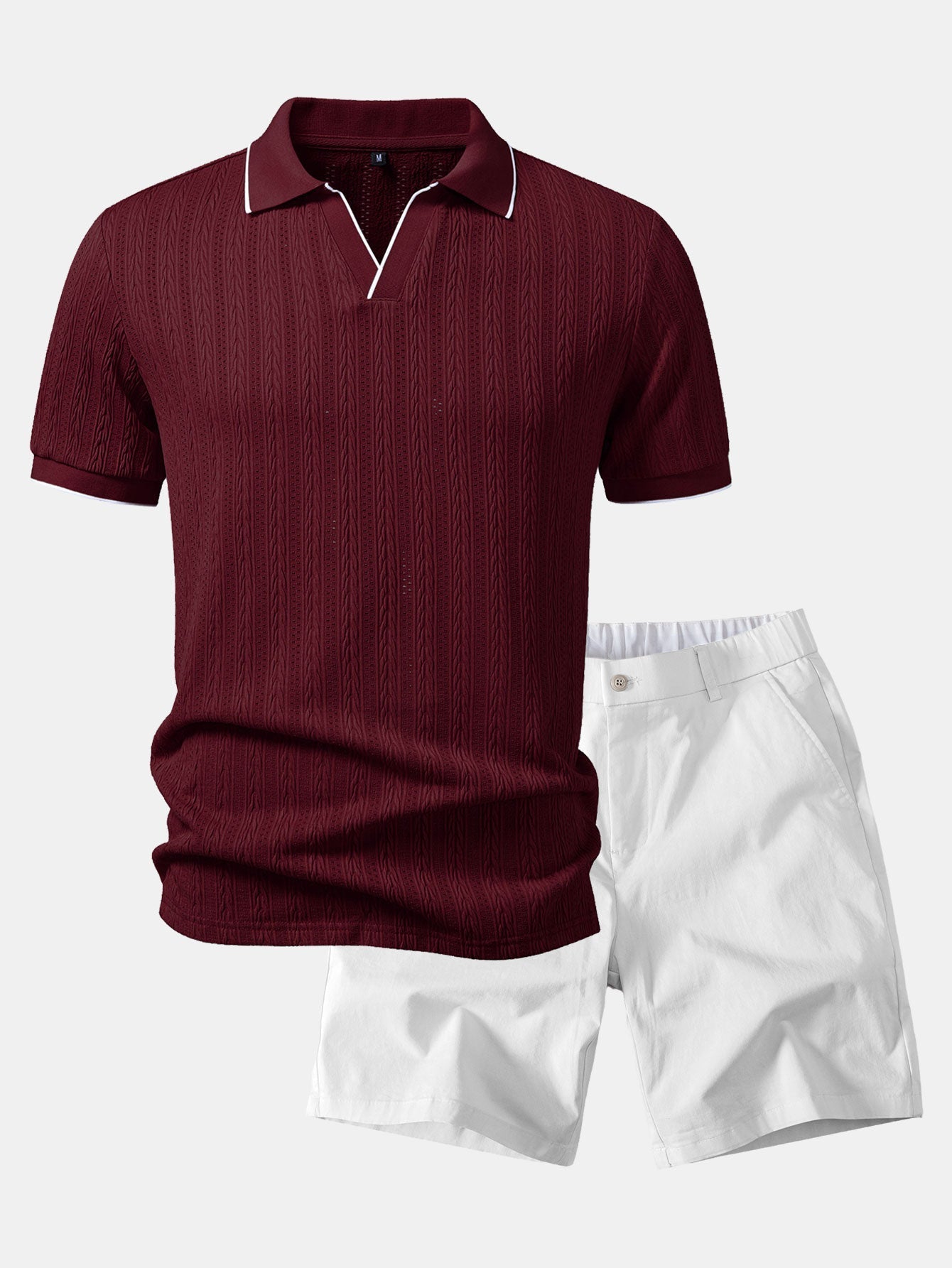 Geometric Jacquard Johnny Collar Polo & Elastic Waist Chino Shorts