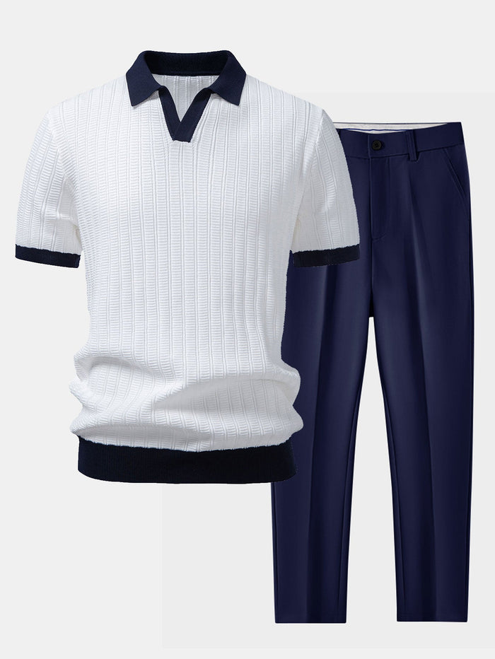 Contrast Textured Johnny Collar Knit Polo & Slim Fit Tapered Trousers
