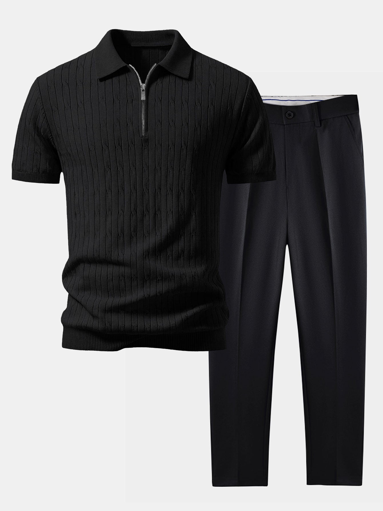 Twisted Jacquard Zipper Knit Polo & Slim Fit Tapered Trousers