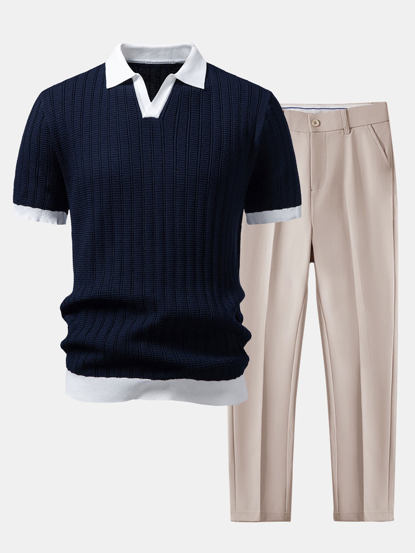 Contrast Textured Johnny Collar Knit Polo & Slim Fit Tapered Trousers