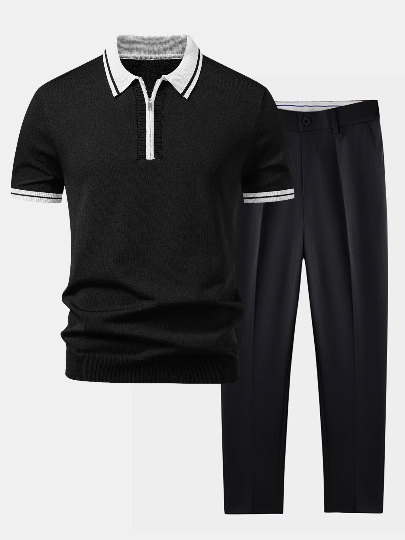 Contrast Trim Zipper Knit Polo & Slim Fit Tapered Trousers