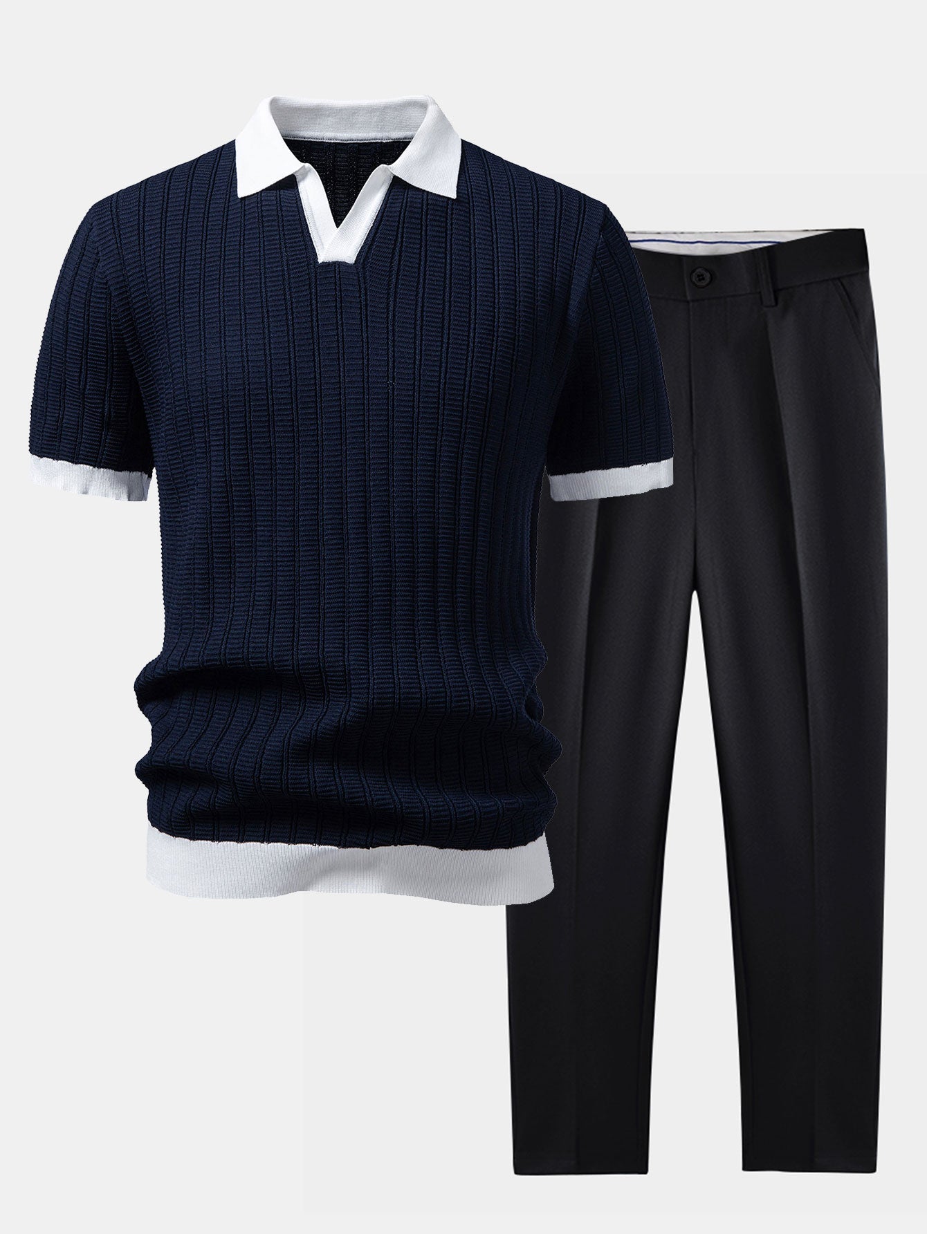 Contrast Textured Johnny Collar Knit Polo & Slim Fit Tapered Trousers