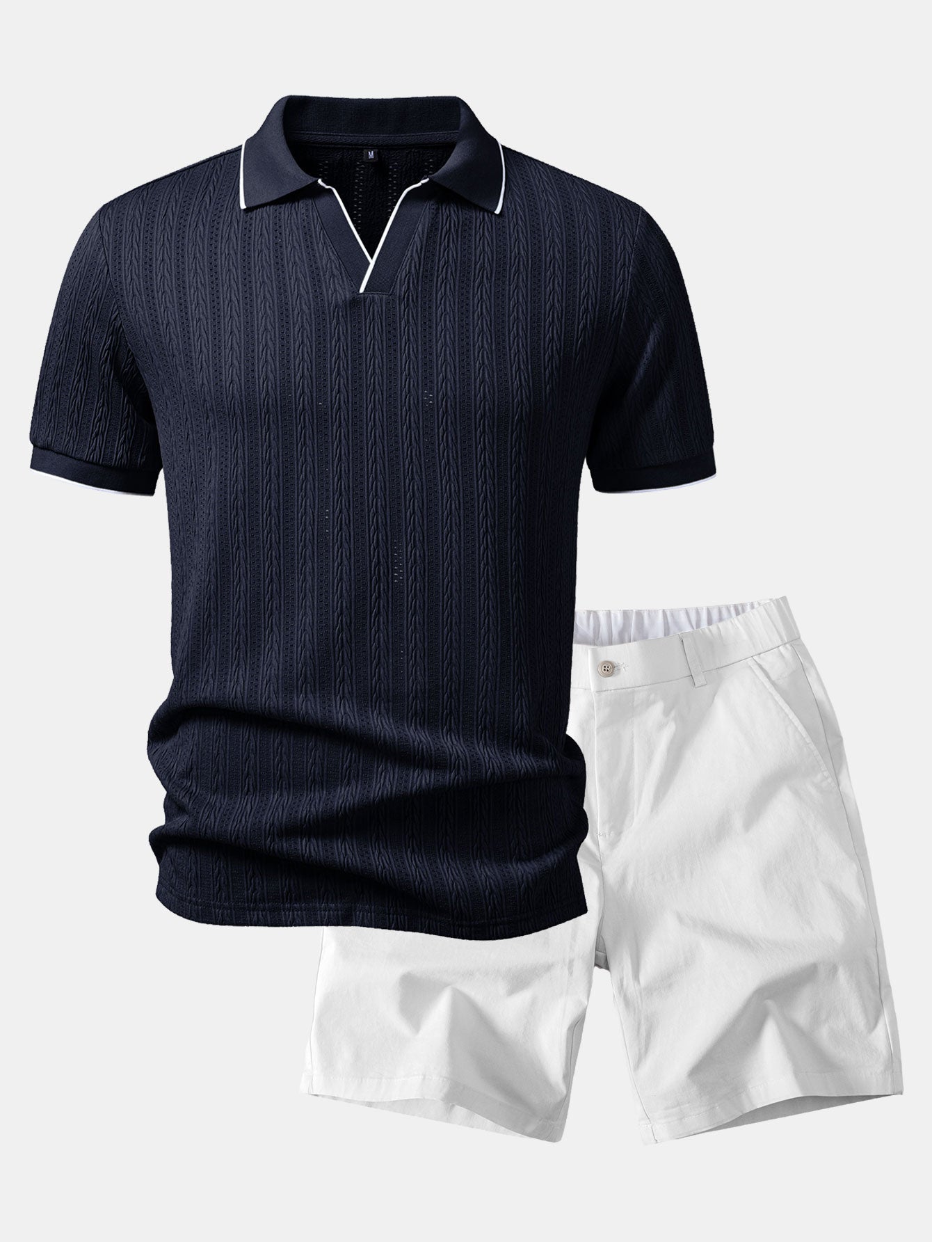 Geometric Jacquard Johnny Collar Polo & Elastic Waist Chino Shorts
