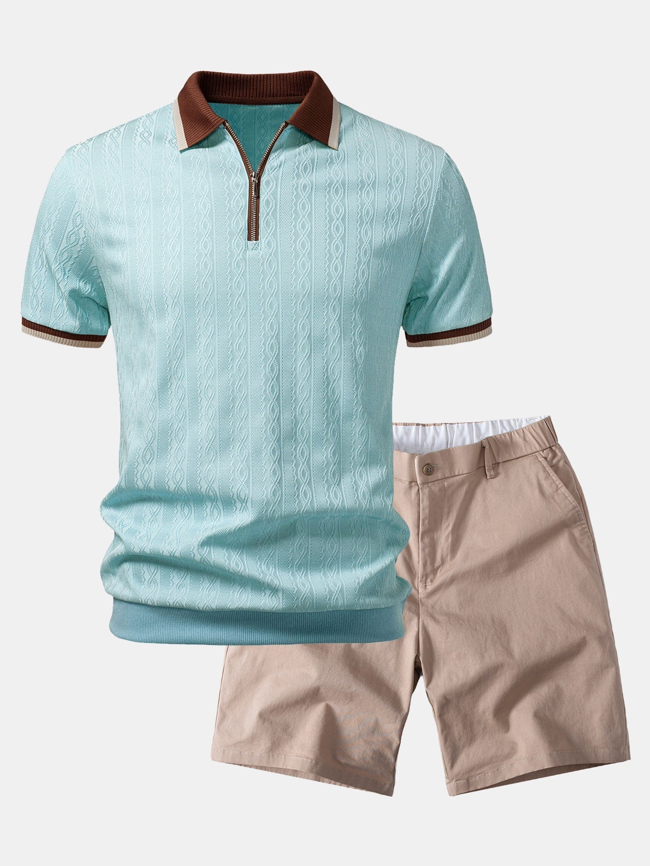 Contrast Trim Textured Zipper Knit Polo & Elastic Waist Chino Shorts
