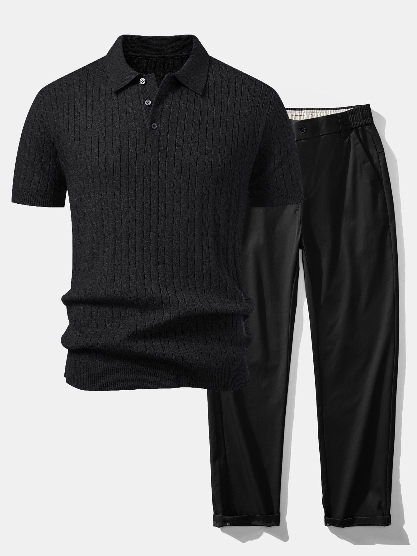 Twisted Jacquard Knit Polo & Elastic Waist Straight Leg Trousers