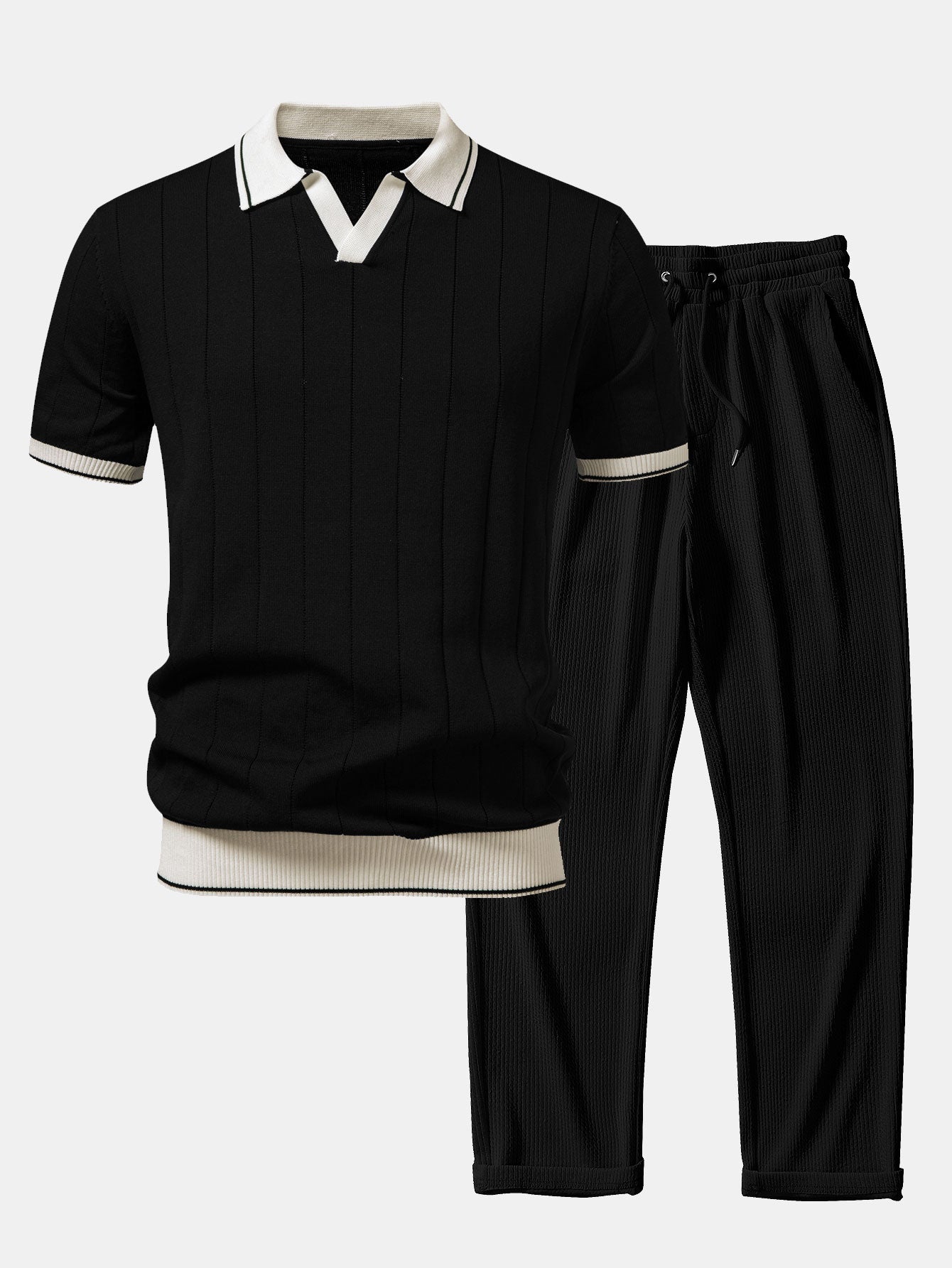 Contrast Trim Ribbed Johnny Collar Knit Polo & Straight Leg Ribbed Pants