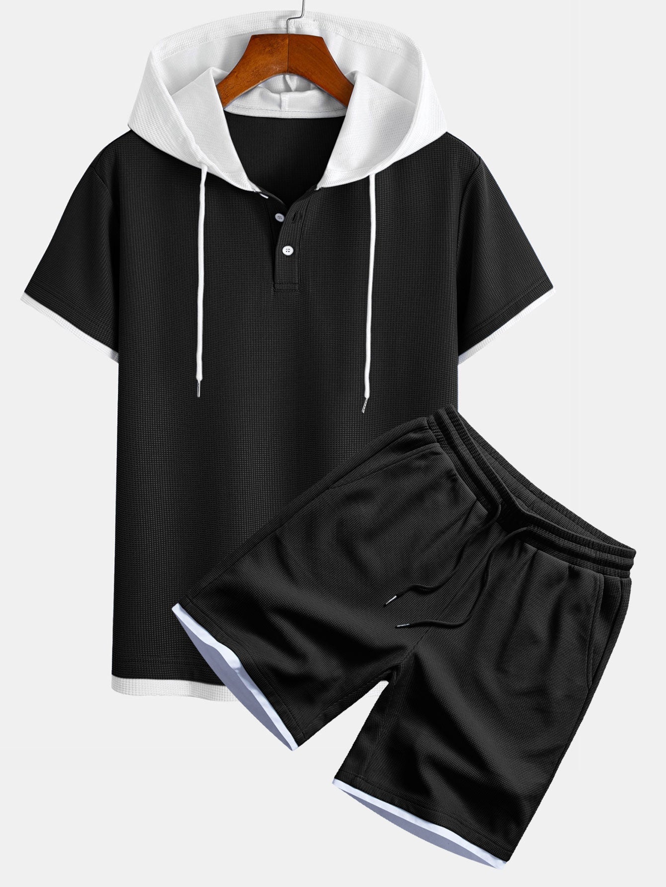 Contrast Button-Placket Waffle Hooded T-Shirt & 2 In 1 Waffle 7″‌ Shorts