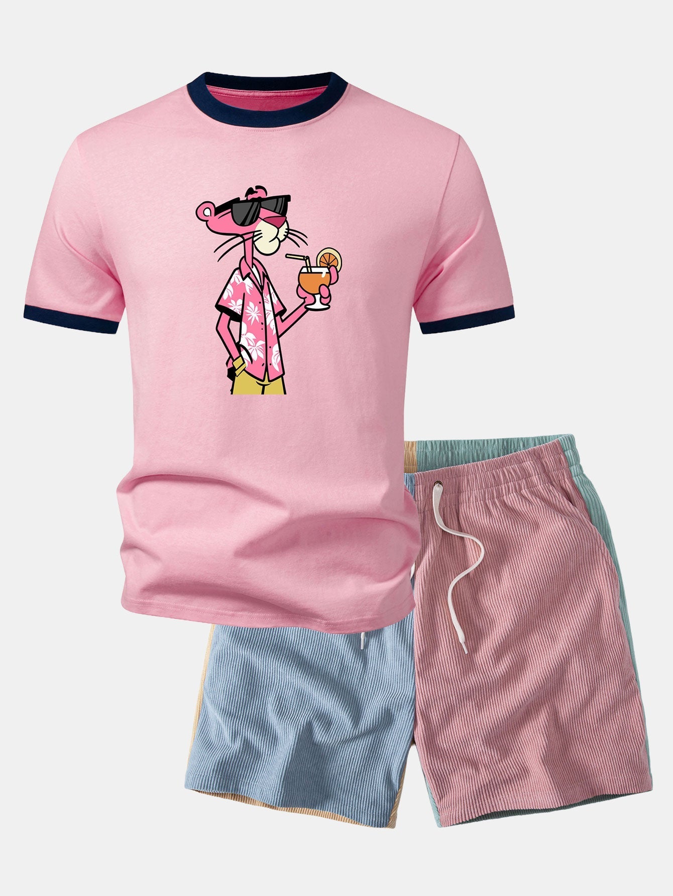 Vacation Pink Panther Print Contrast Ringer T-Shirt & Color Block Drawstring 6" Corduroy Shorts