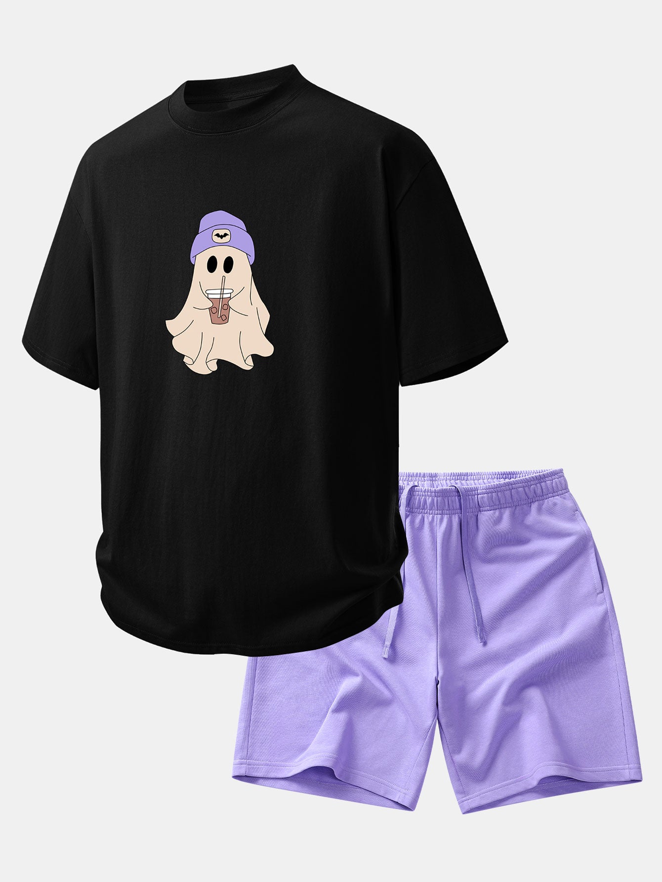 Relax Fit Purple Hat Ghost Print Cotton T-Shirt & Cotton Drawstring 7" Shorts
