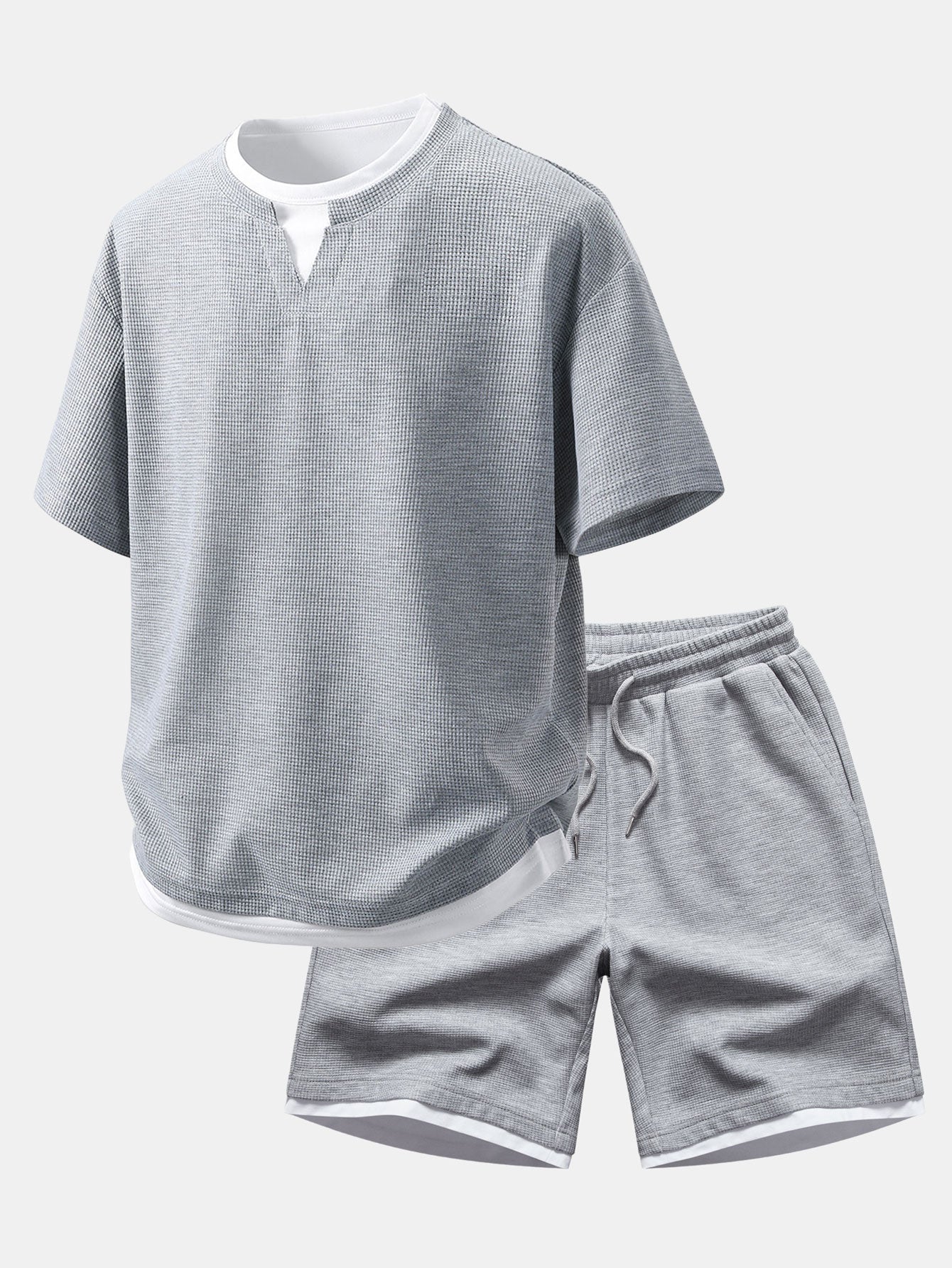 Relax Fit 2 In 1 Notched Collar Waffle T-Shirt & Waffle 7″‌ Shorts