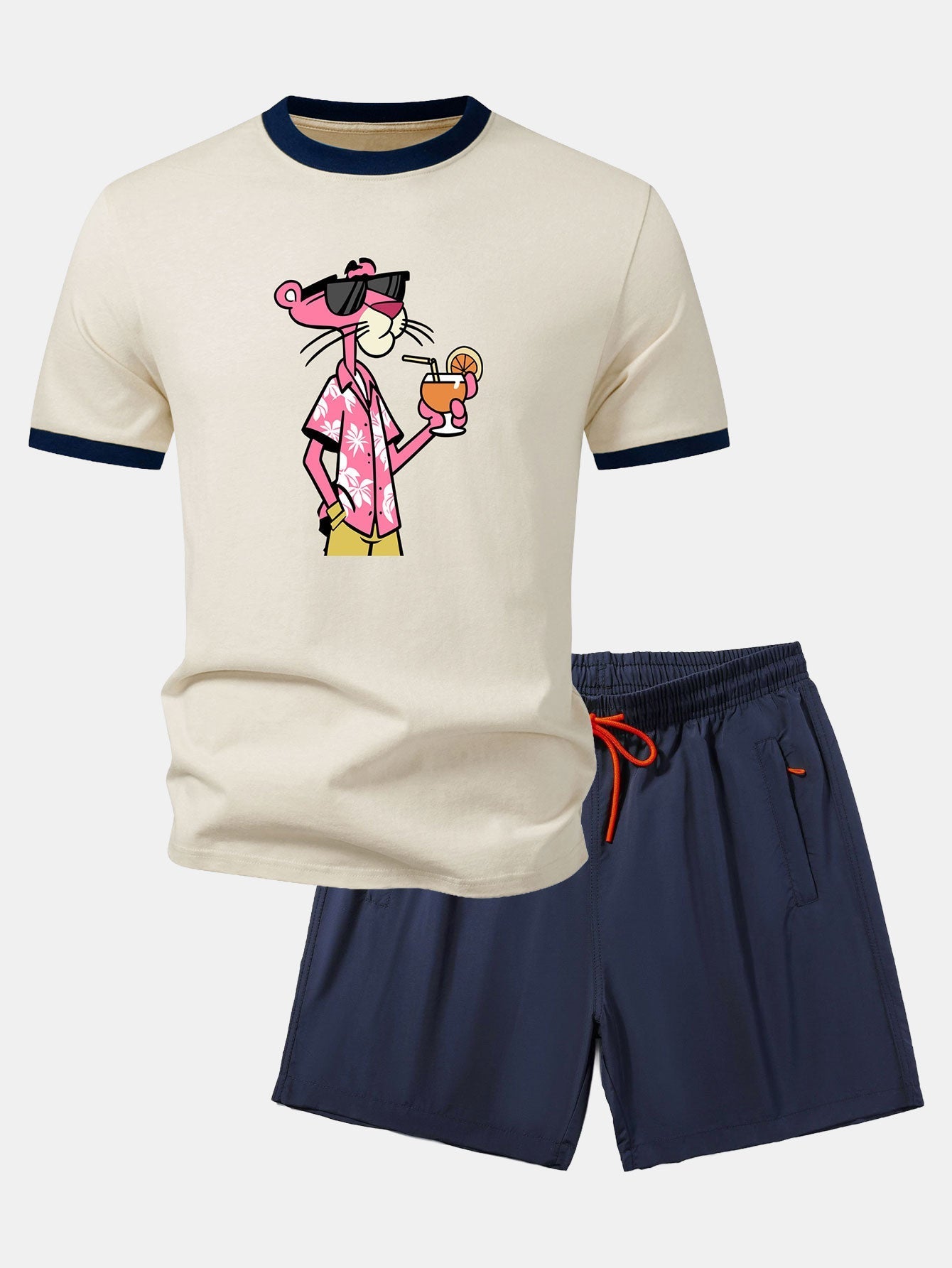 Vacation Pink Panther Print Contrast Ringer T-Shirt & Zip Pocket Swim Shorts
