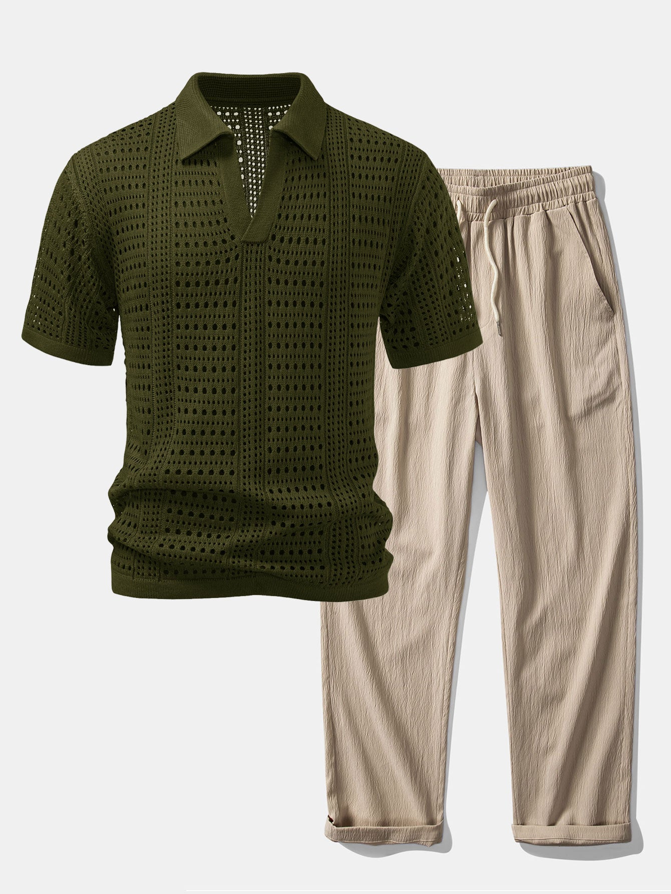 Crochet  V Neck Polo Shirt & Crinkle Textured Straight Leg Pants