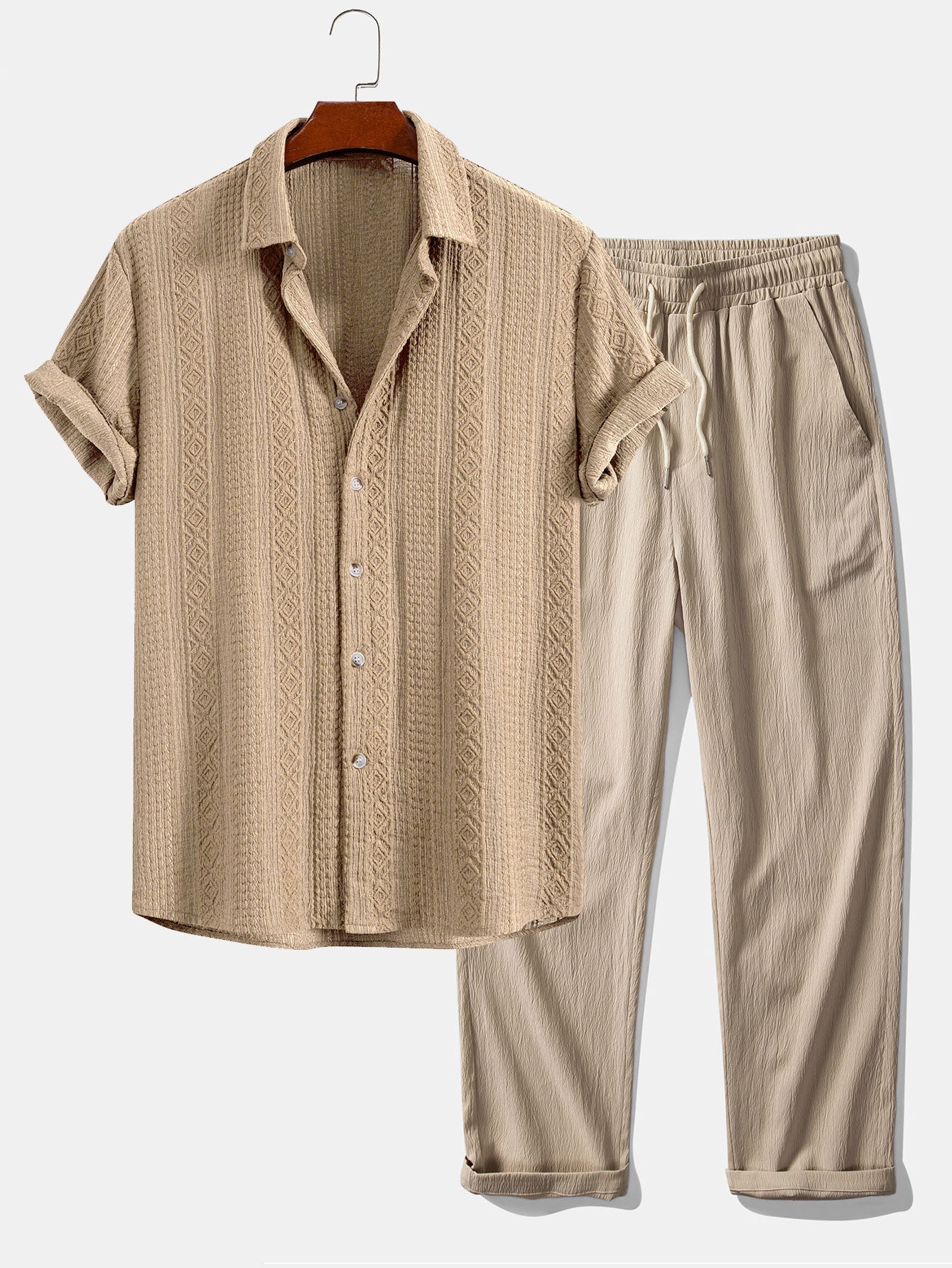 Geometric Jacquard Button Up Shirt & Crinkle Textured Straight Leg Pants